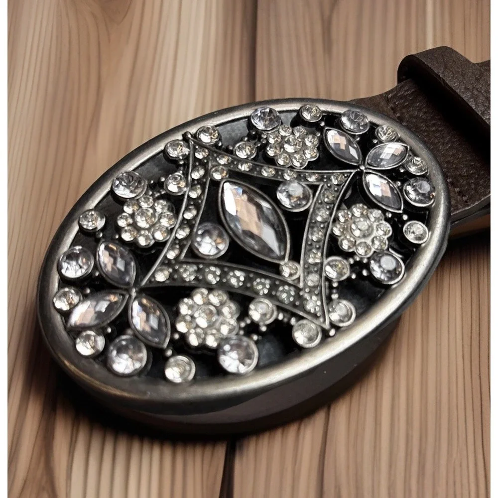Brown Faux Leather‎ Belt Bling Crystals Buckle 29-33
